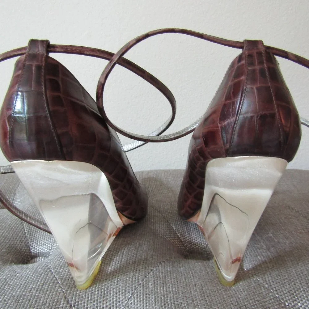 Giuseppe Zanotti Ankle Wrap Leather Lucite Wedge Heels
